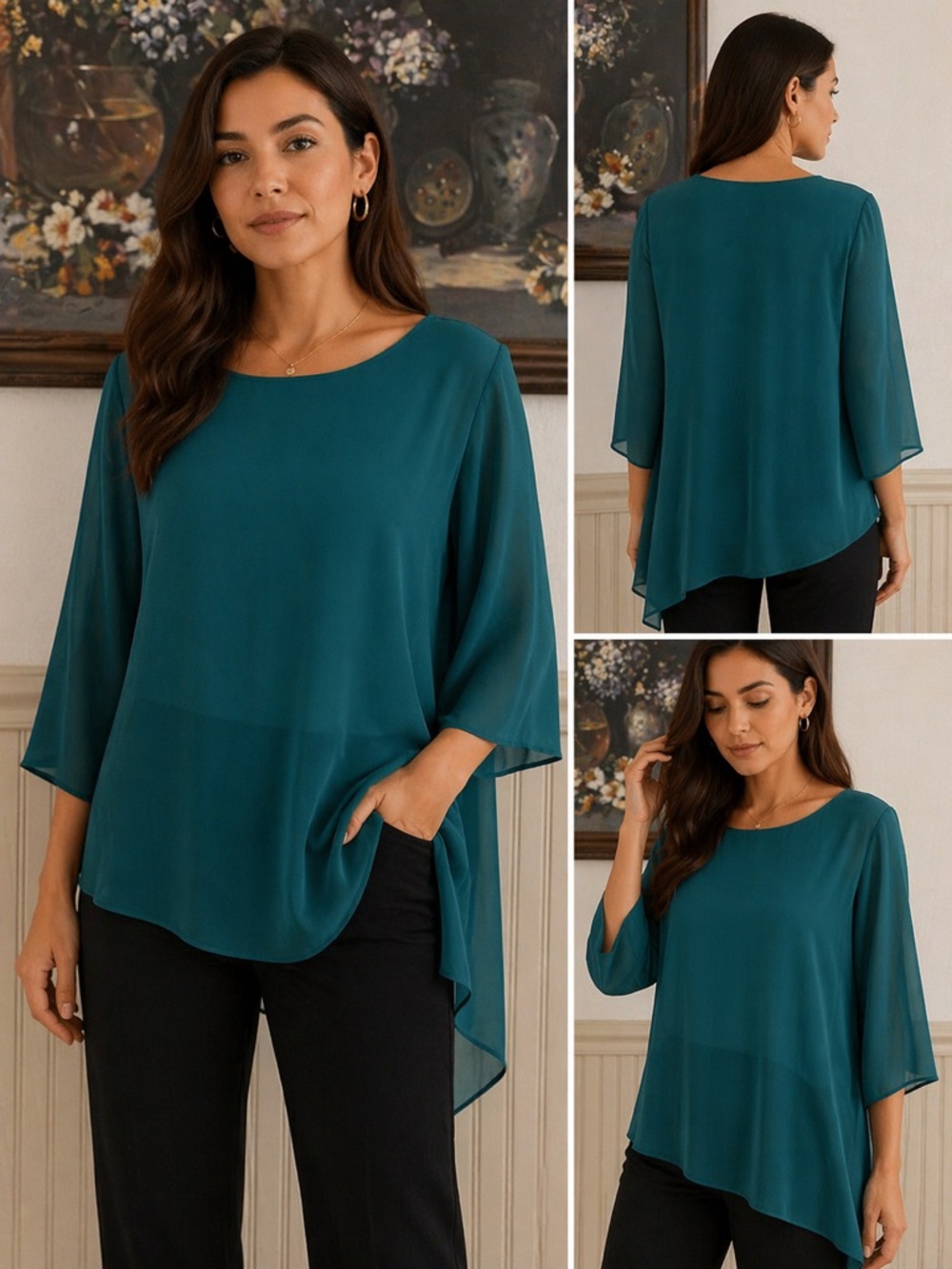 Chicos Green Asymmetrical  ends 3/4
sleeve poly tee tunic top size 1P